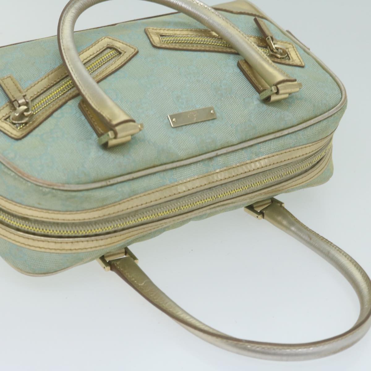 GUCCI GG Canvas Hand Bag Light Blue Gold Tone Auth ac2720