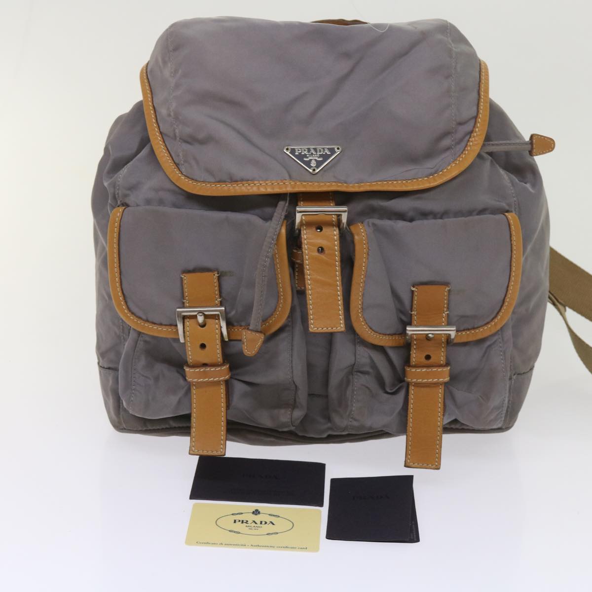 PRADA Backpack Nylon Gray Beige Auth ac2741