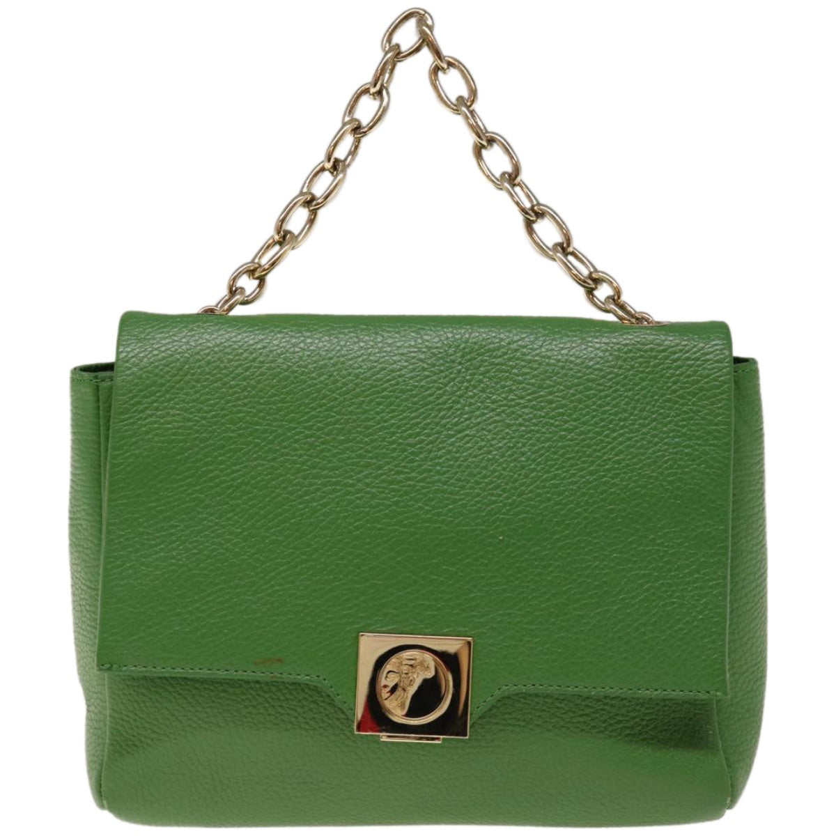 VERSACE Chain Hand Bag Leather Green Auth ac2754