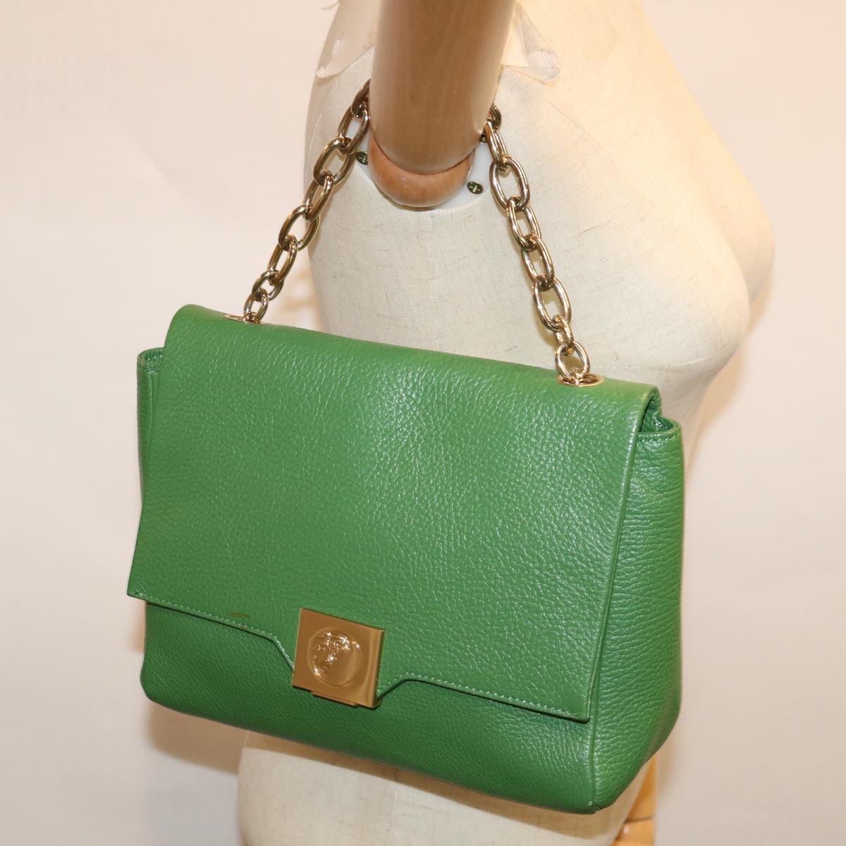 VERSACE Chain Hand Bag Leather Green Auth ac2754