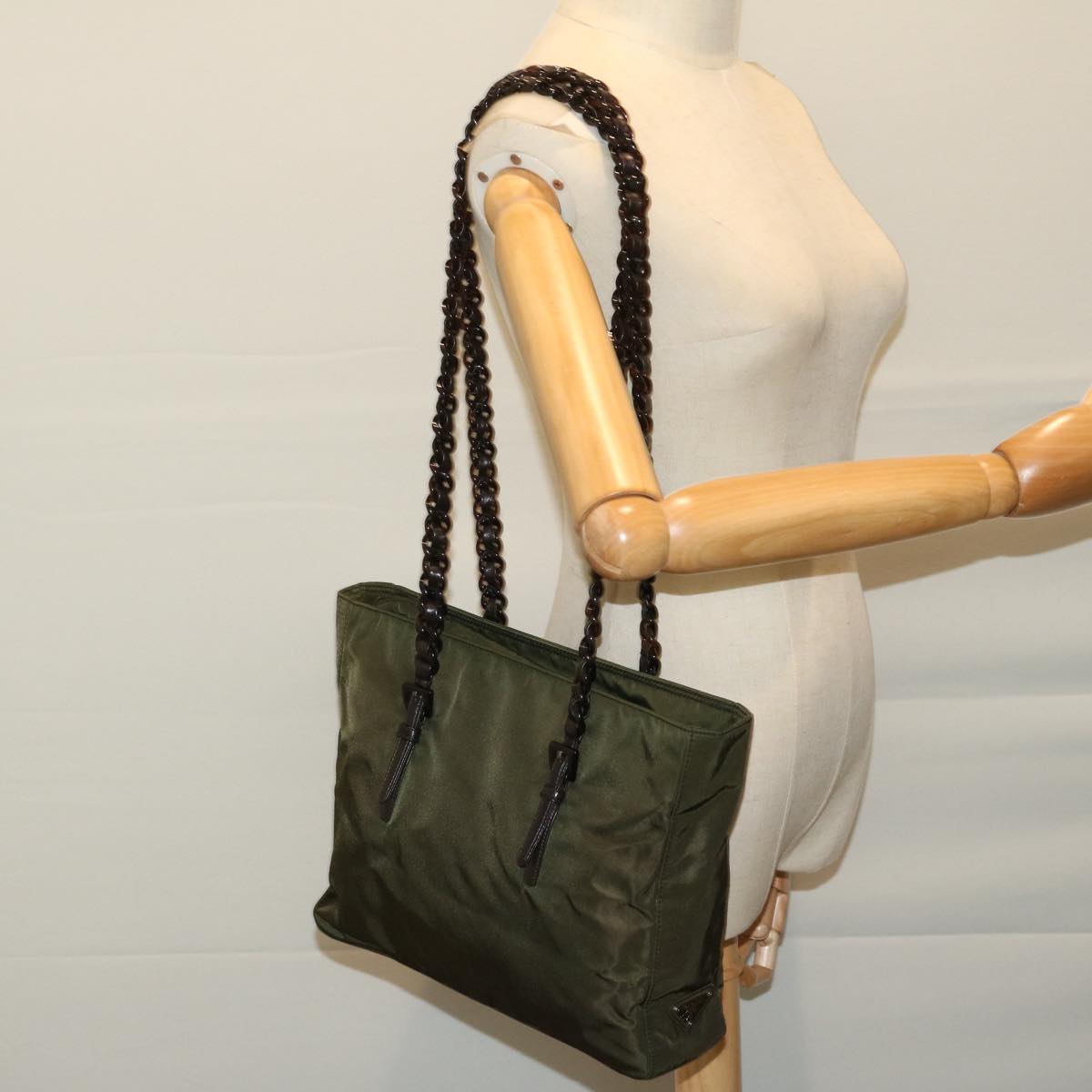 PRADA Chain Shoulder Bag Nylon Green Auth ac2783