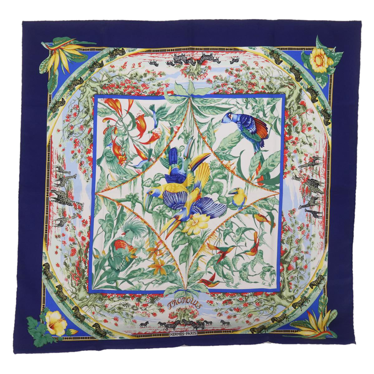 HERMES Carre 90 TROPIQUES Scarf Silk Blue Auth ac2846