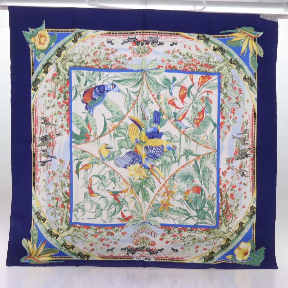 HERMES Carre 90 TROPIQUES Scarf Silk Blue Auth ac2846