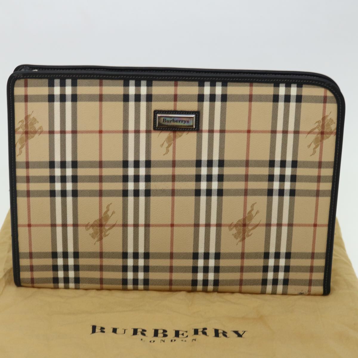 Burberrys Nova Check Clutch Business Bag PVC Beige Black Auth ac2909