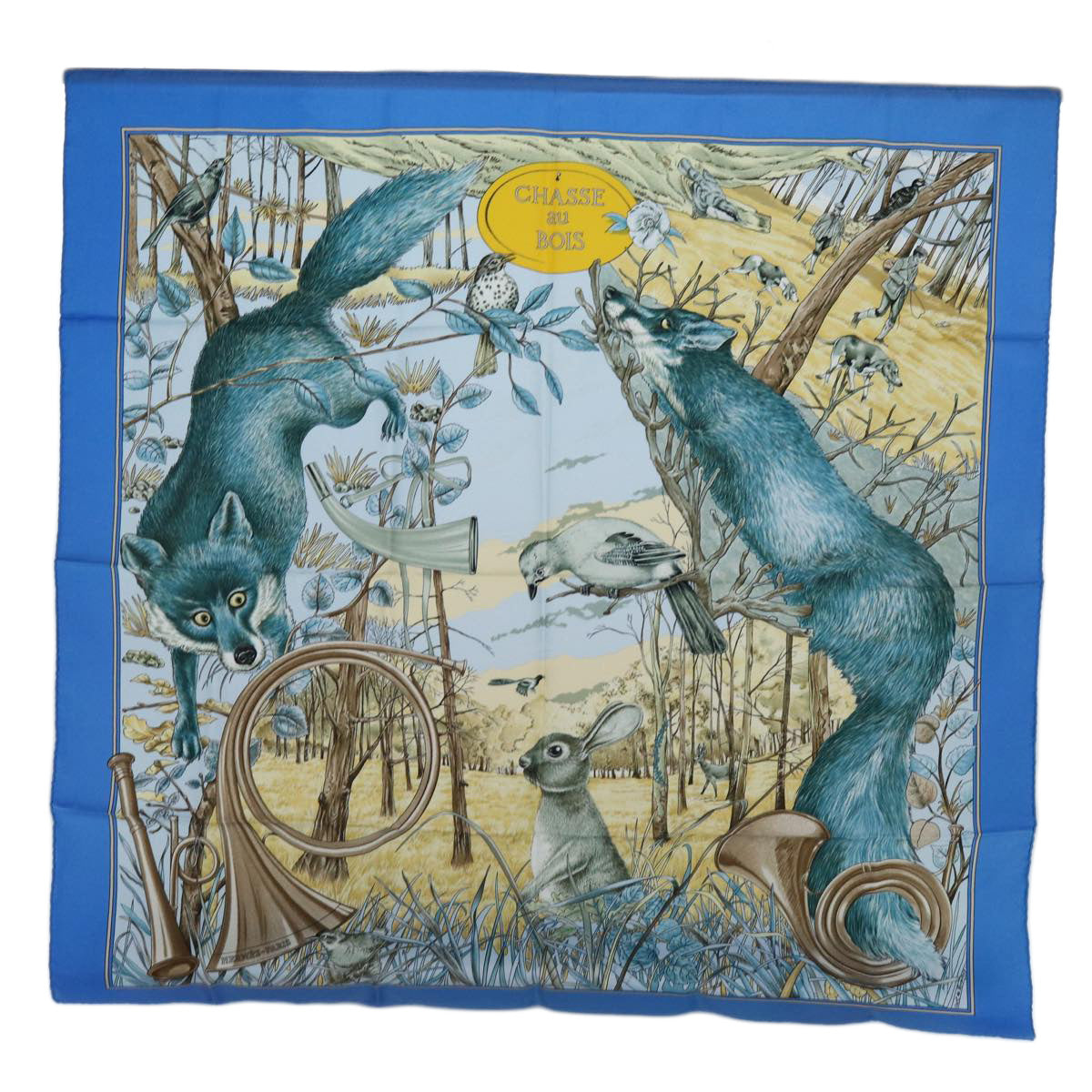 HERMES Carre 90 CHASSE au BOIS Scarf Silk Blue Auth ac2915