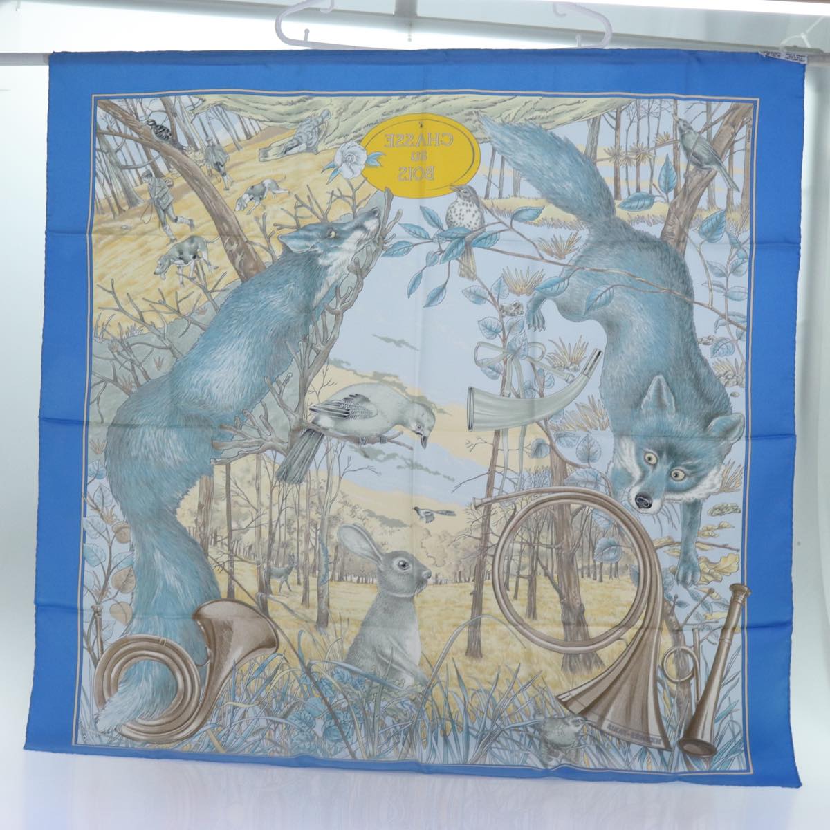 HERMES Carre 90 CHASSE au BOIS Scarf Silk Blue Auth ac2915