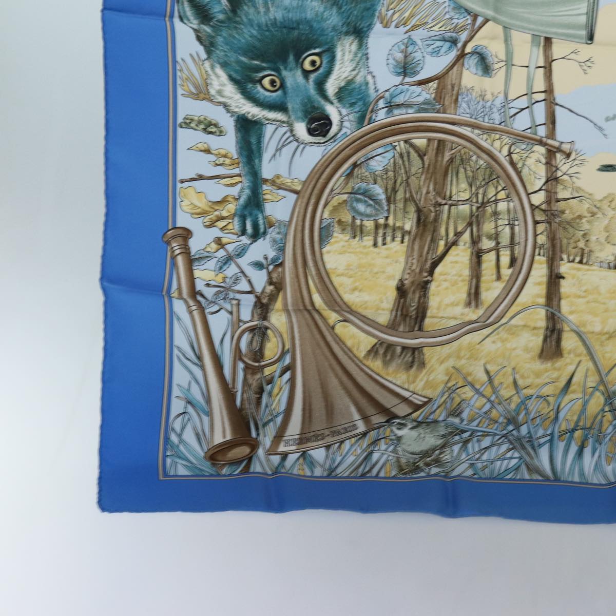 HERMES Carre 90 CHASSE au BOIS Scarf Silk Blue Auth ac2915