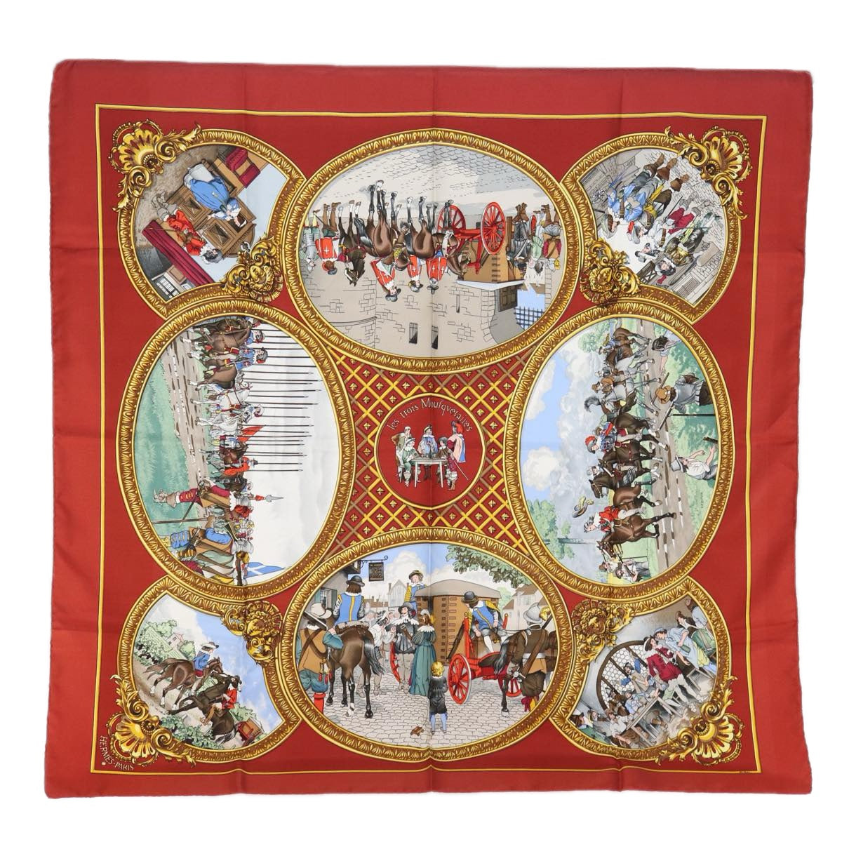 HERMES Carre 90 Les Trois Mousquetaires Scarf Silk Red Auth ac2952