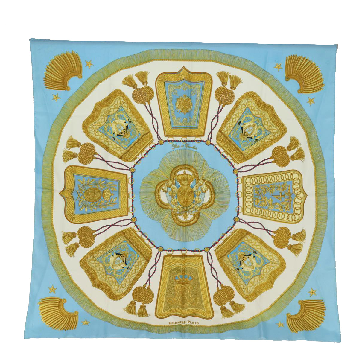 HERMES Carre 90 Scarf ""POSTE ET CAVALERIE"" Silk Blue Auth ac3030