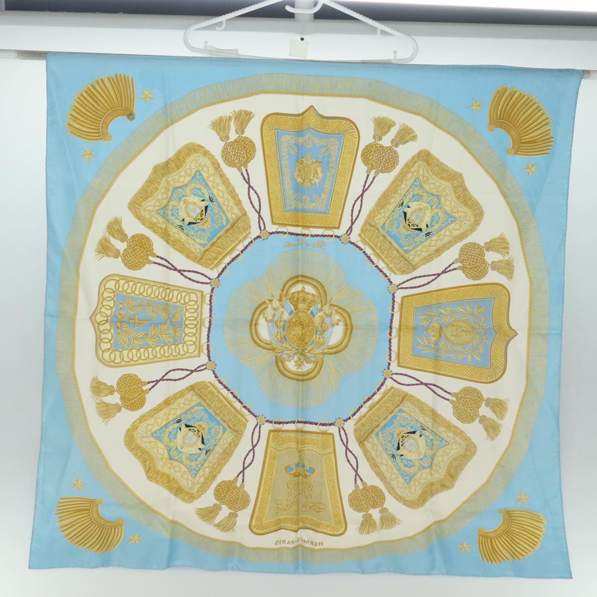 HERMES Carre 90 Scarf ""POSTE ET CAVALERIE"" Silk Blue Auth ac3030