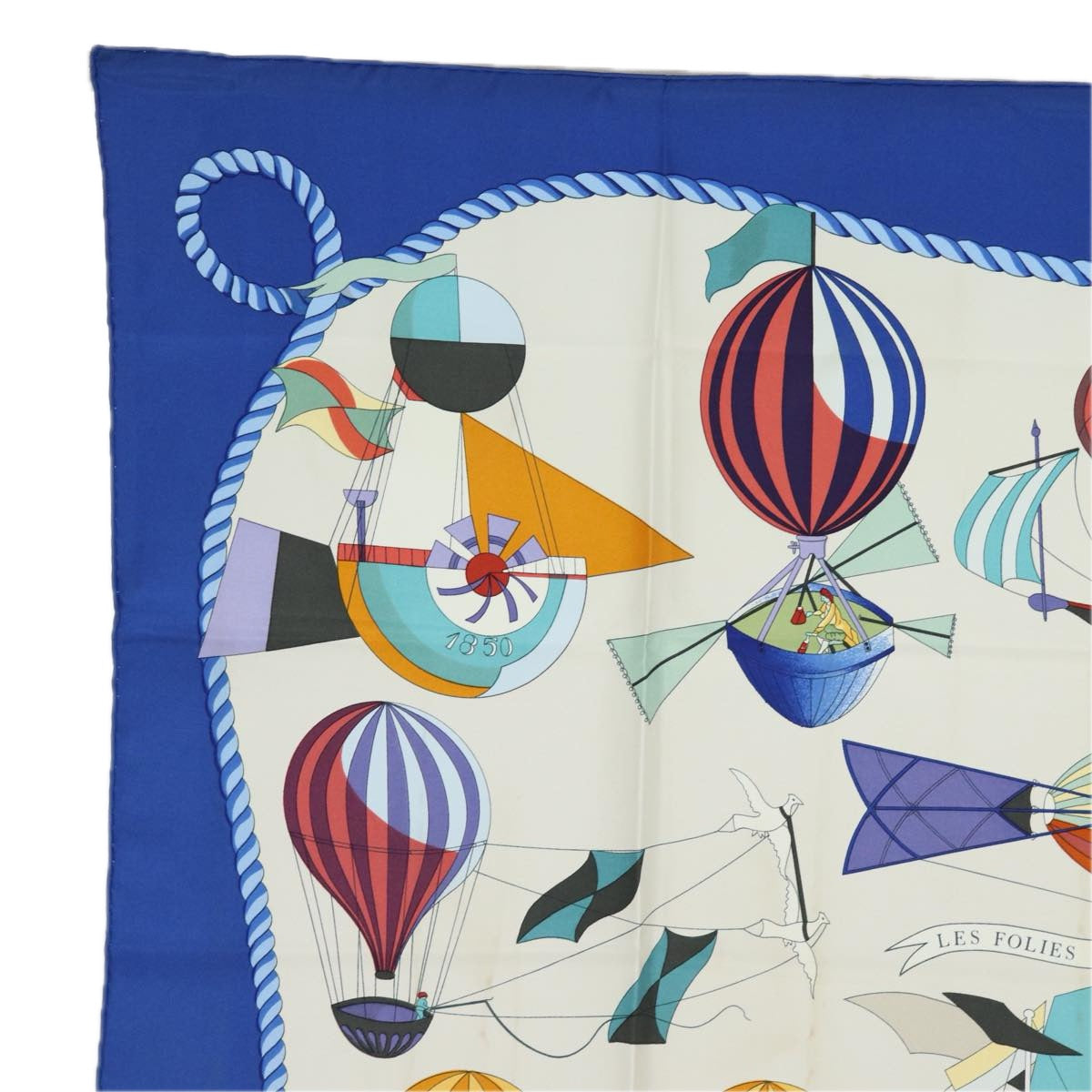 HERMES Carre 90 Scarf ""LES FOLIES DU CIEL"" Silk Blue Auth ac3031