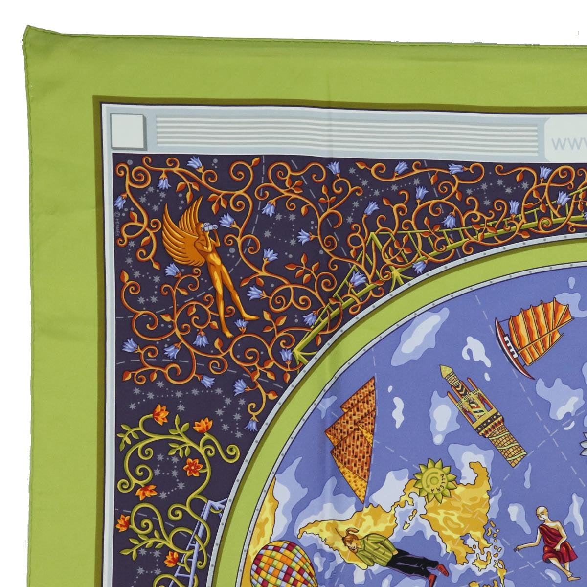 HERMES Carre 90 Scarf ""www.hermes.com"" Silk Green Auth ac3032