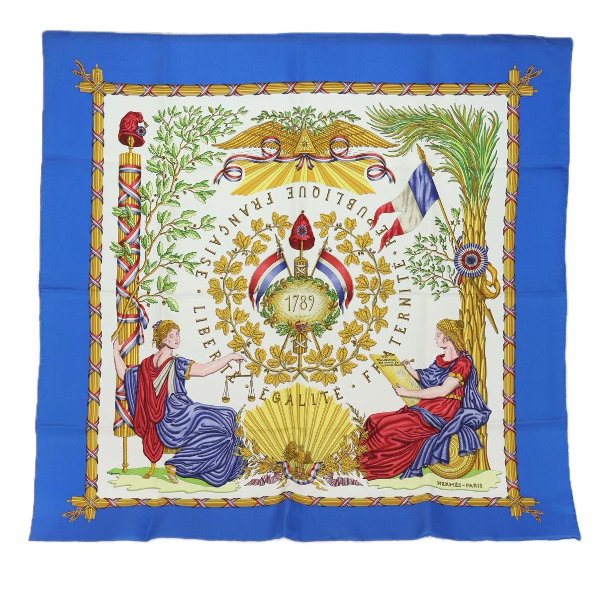 HERMES Carre 90 Scarf ""LIBERTE EGALITE FRATERNITE REPUBLIQ "" Silk Auth ac3034