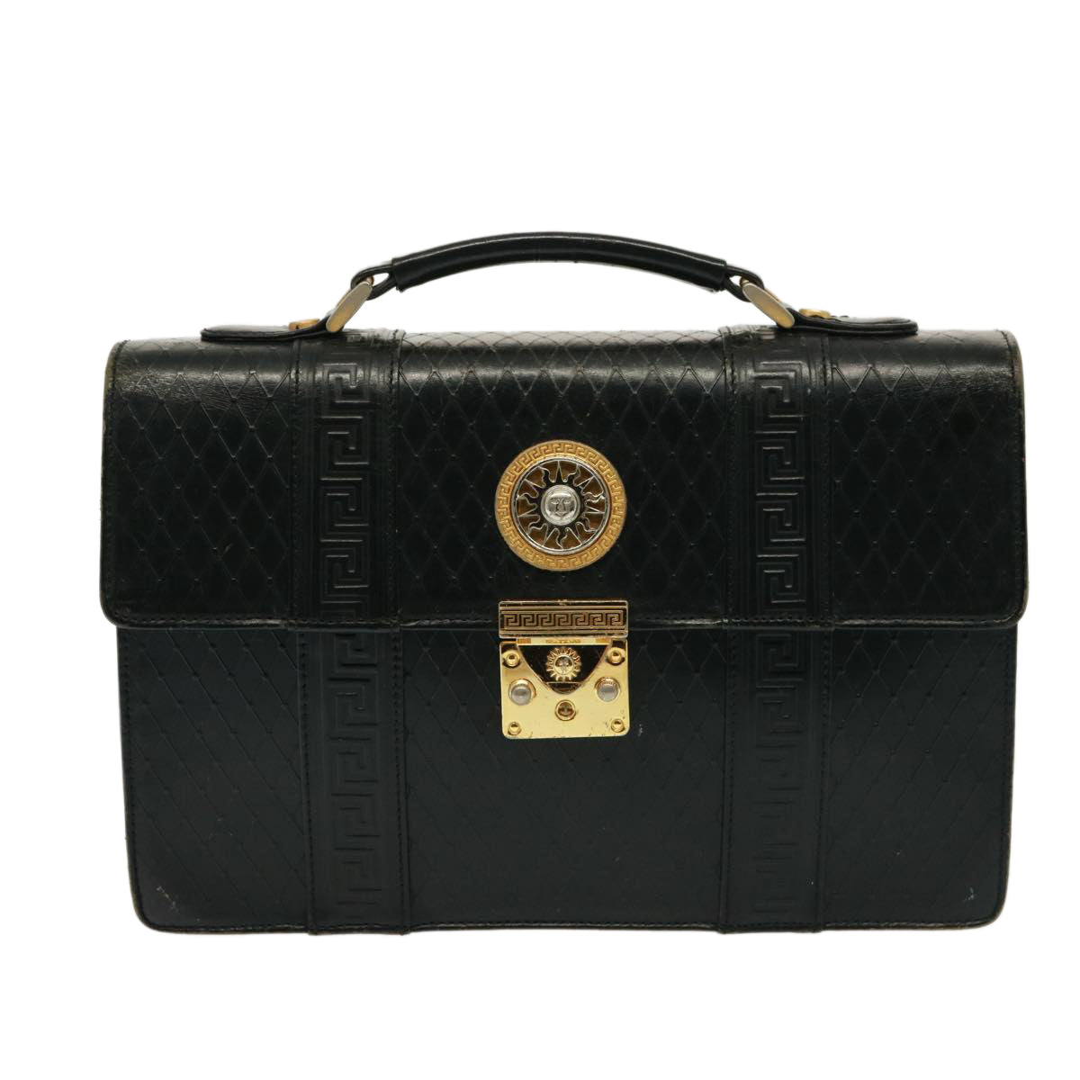 VERSACE Hand Bag Leather Black Auth ac3107