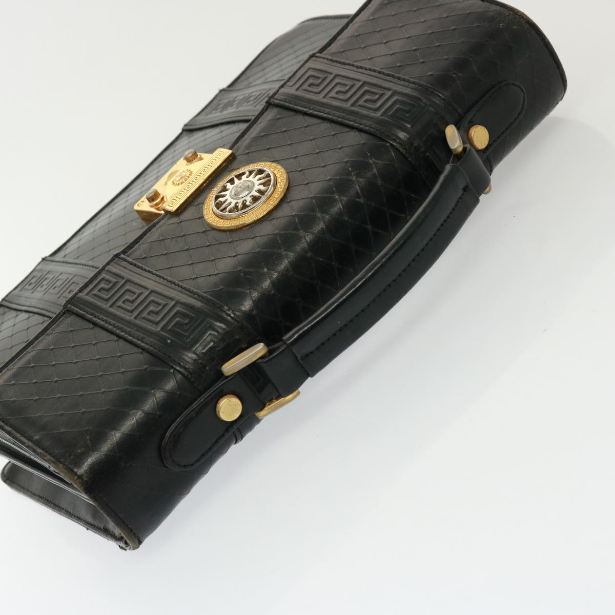 VERSACE Hand Bag Leather Black Auth ac3107