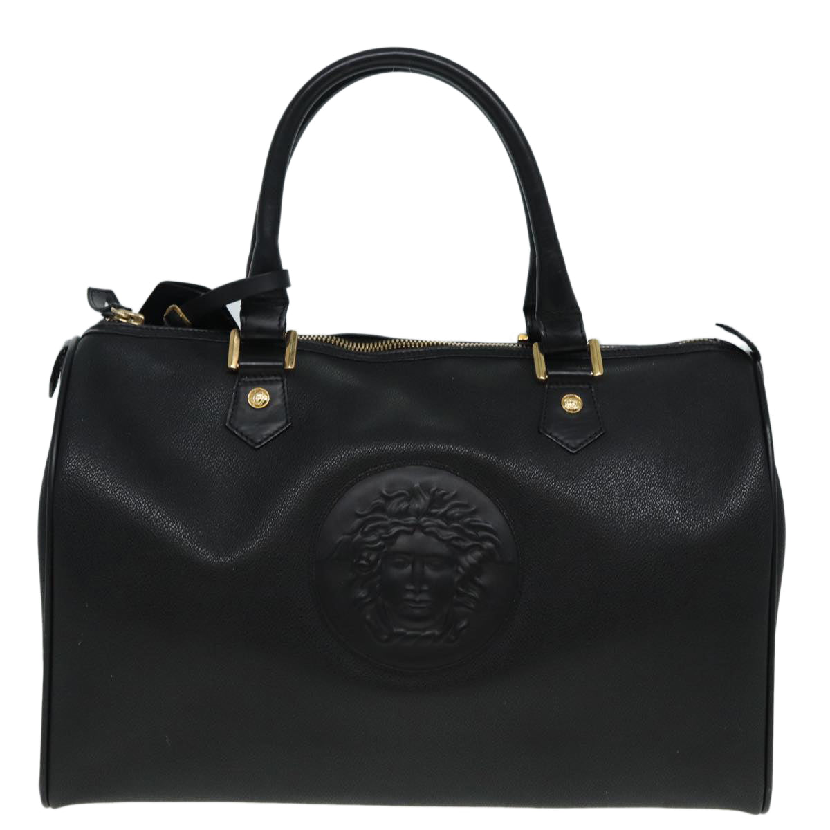 VERSACE Boston Bag Leather Black Auth ac3159