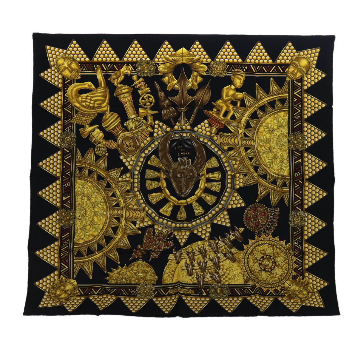 HERMES Carre 90 Scarf ""L'OR DES CHEFS"" Silk Black Yellow Auth ac3185