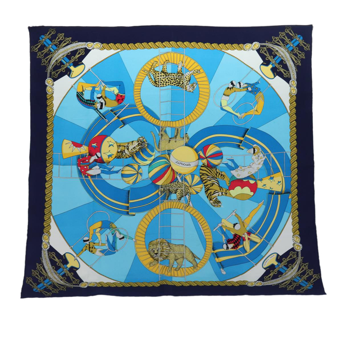 HERMES Carre 90 Scarf ""CIRCUS"" Silk Blue Light Blue white Auth ac3186