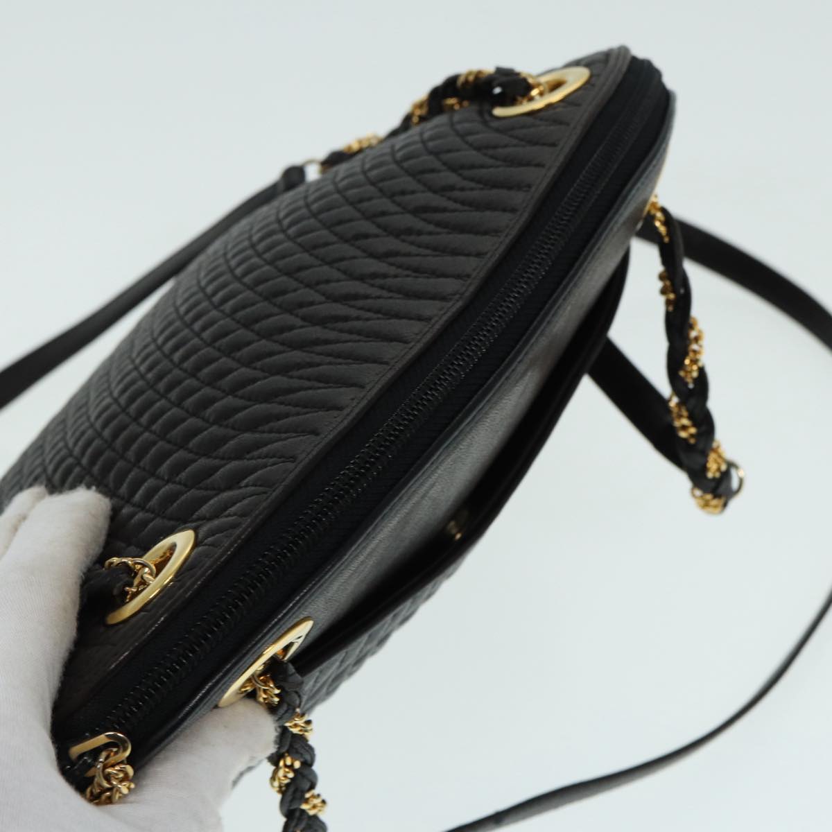 BALLY Chain Shoulder Bag Leather Gold Black Auth ac3193