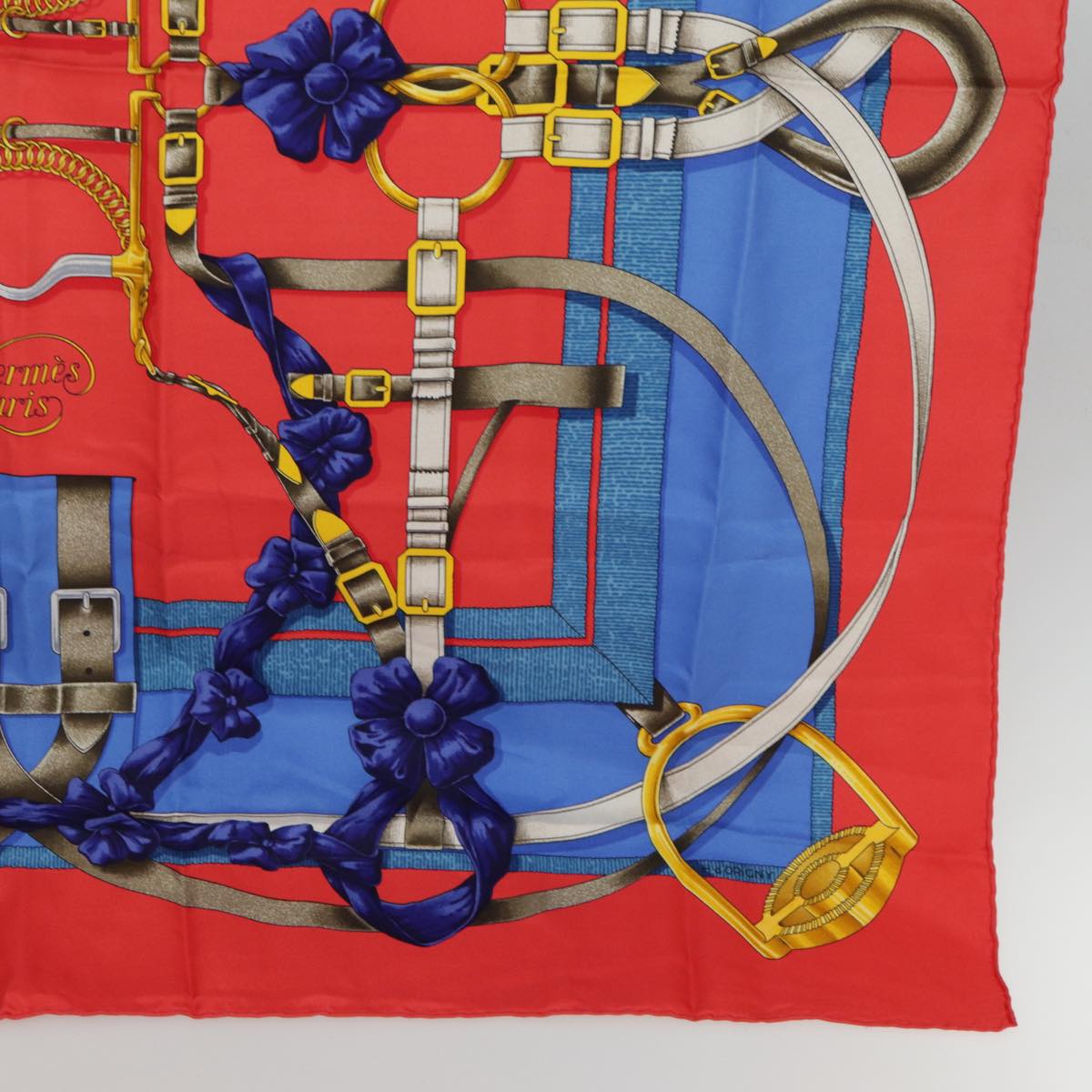 HERMES Carre 90 Scarf GRAND MANEGE Silk Red Blue Auth ac3229