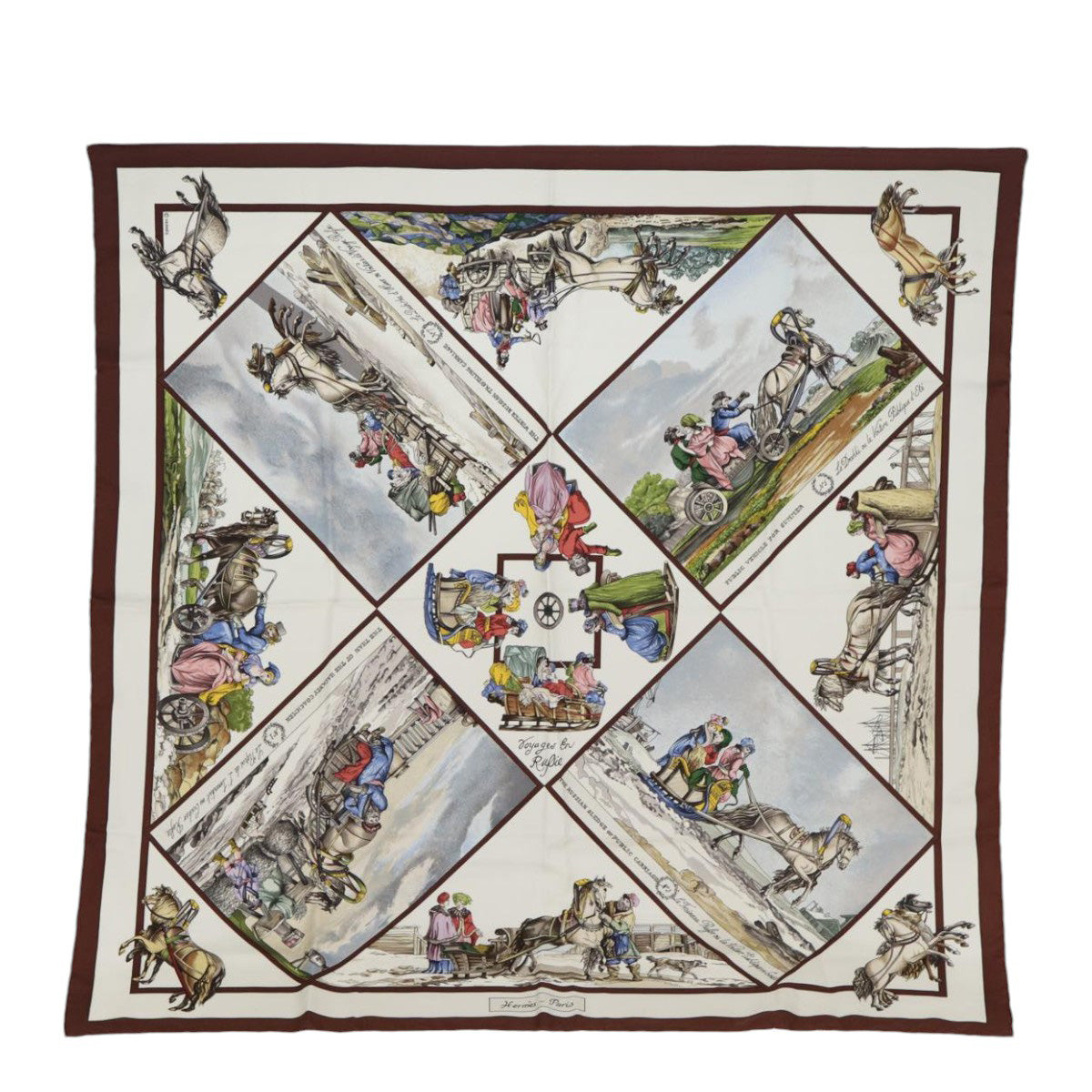 HERMES Carre 90 Scarf Voyages En Russie Silk Brown Beige Auth ac3230