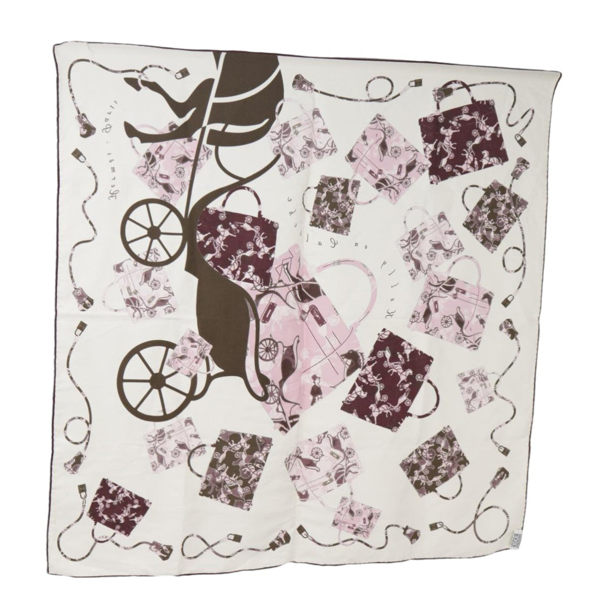 HERMES Carre 70 Scarf kelly en Caleche Silk Brown Beige pink Auth ac3231