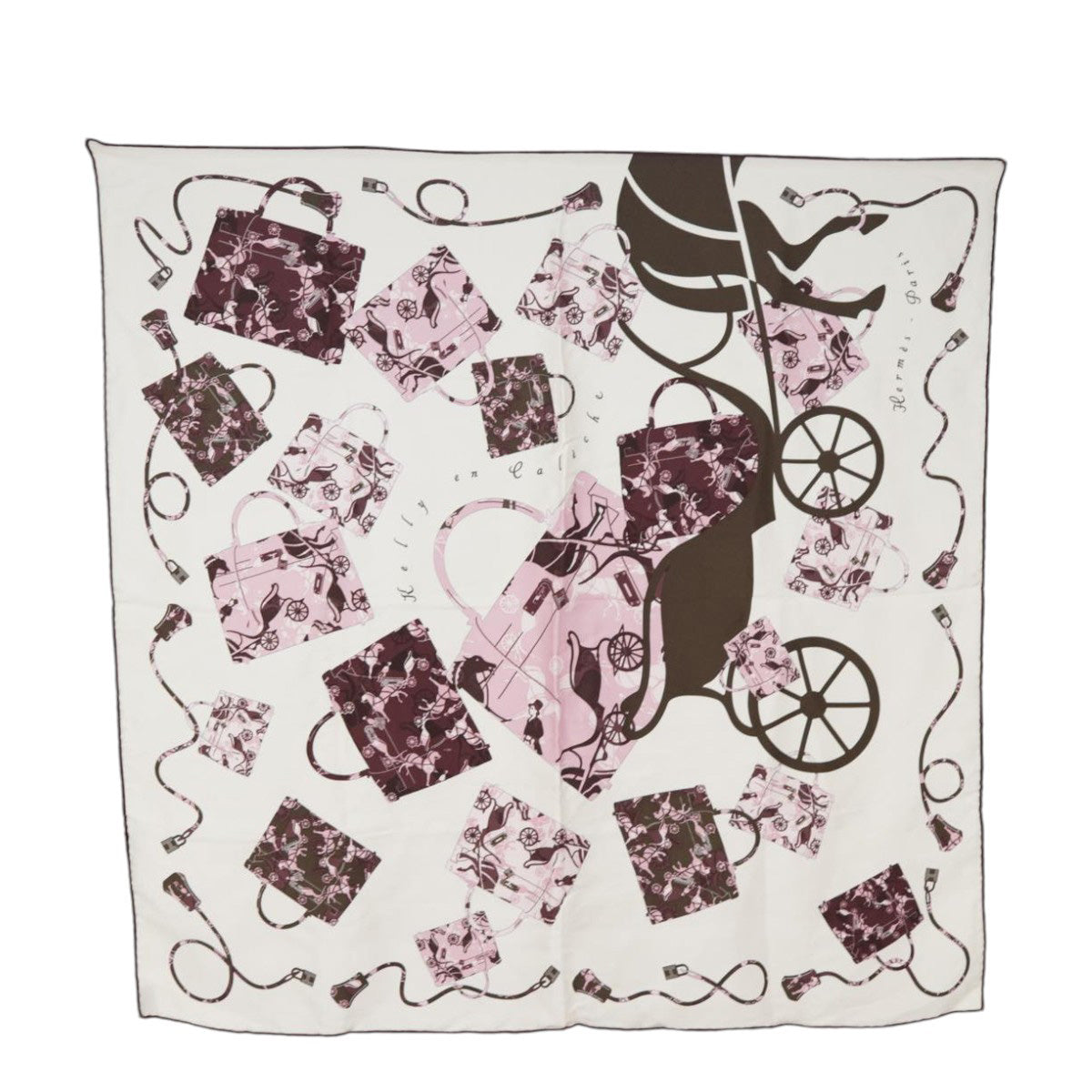 HERMES Carre 70 Scarf kelly en Caleche Silk Brown Beige pink Auth ac3231