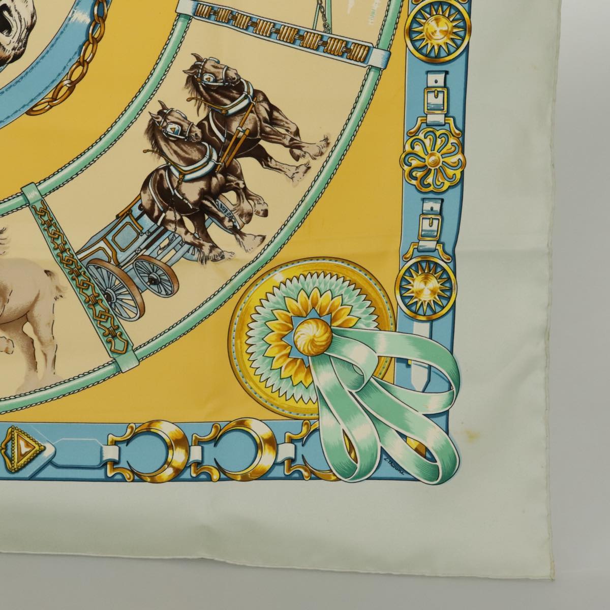 HERMES Carre 90 Scarf ""CHEVAIIX DE TRAIT"" Silk Blue Yellow Brown Auth ac3319