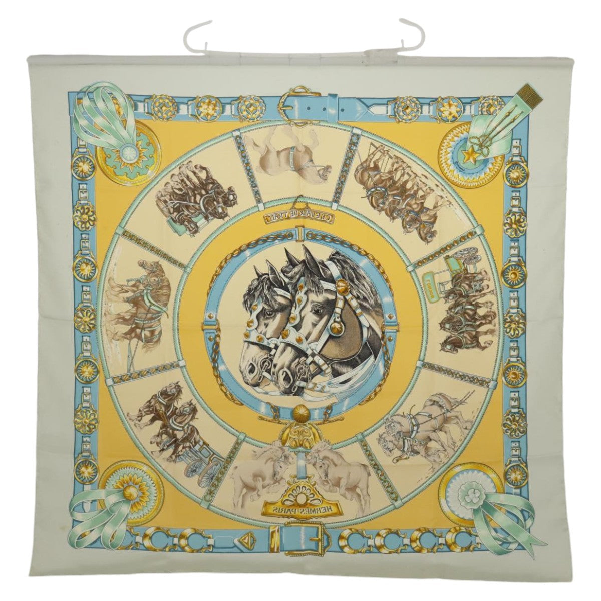 HERMES Carre 90 Scarf ""CHEVAIIX DE TRAIT"" Silk Blue Yellow Brown Auth ac3319