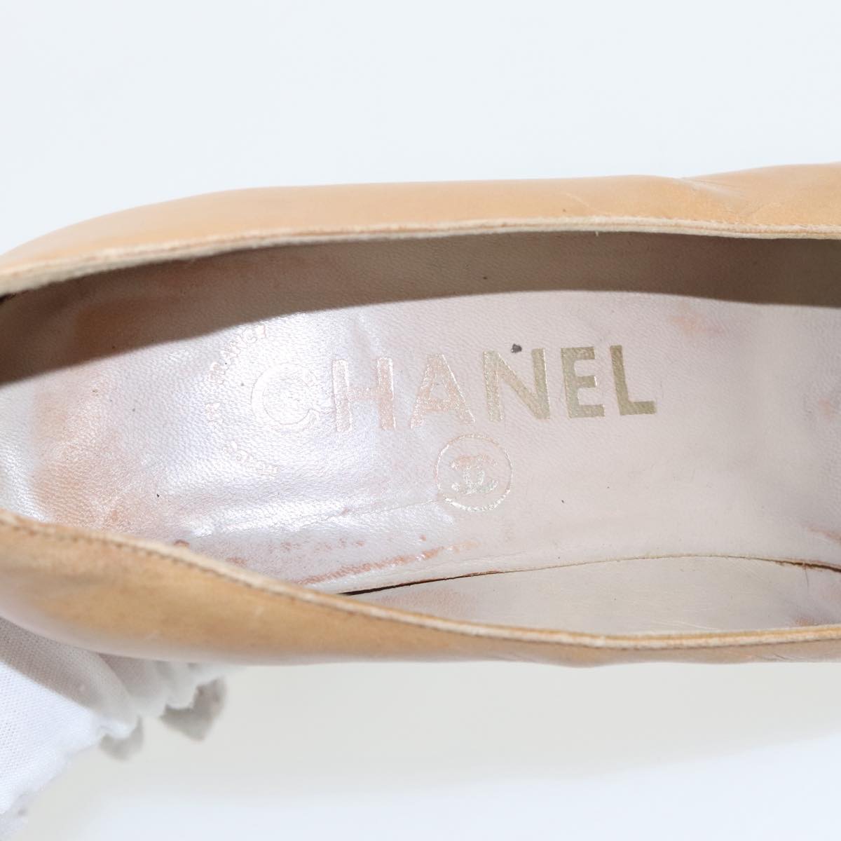 CHANEL High Heels Leather Beige Brown CC Auth ac3348