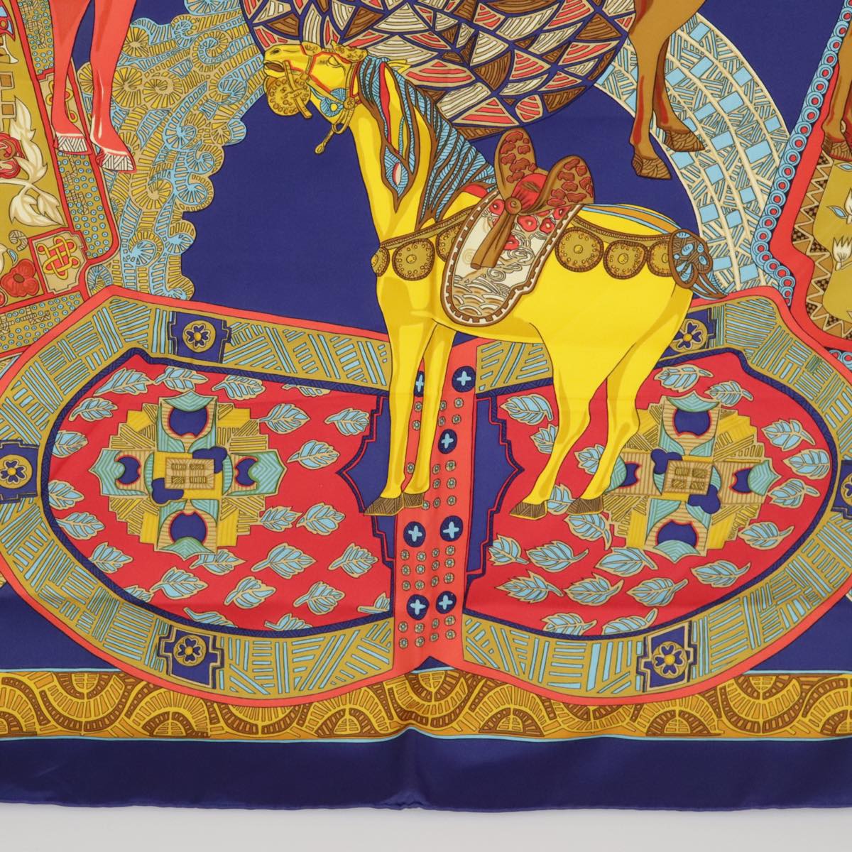 HERMES Carre 90 Scarf ""ART des STEPPES"" Silk Blue Auth ac3349