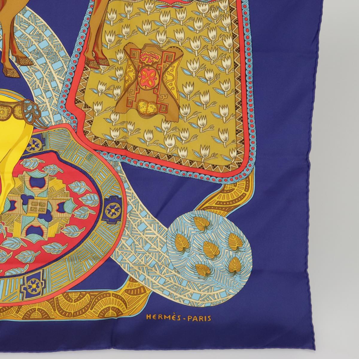 HERMES Carre 90 Scarf ""ART des STEPPES"" Silk Blue Auth ac3349