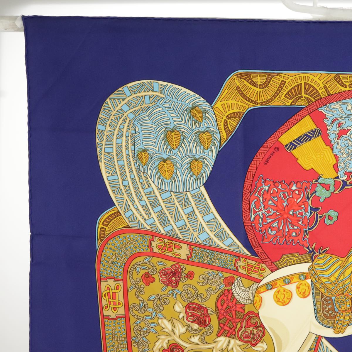 HERMES Carre 90 Scarf ""ART des STEPPES"" Silk Blue Auth ac3349