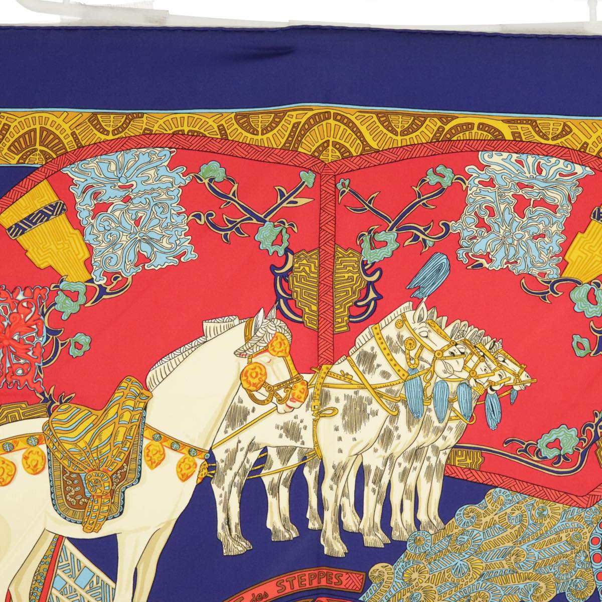 HERMES Carre 90 Scarf ""ART des STEPPES"" Silk Blue Auth ac3349