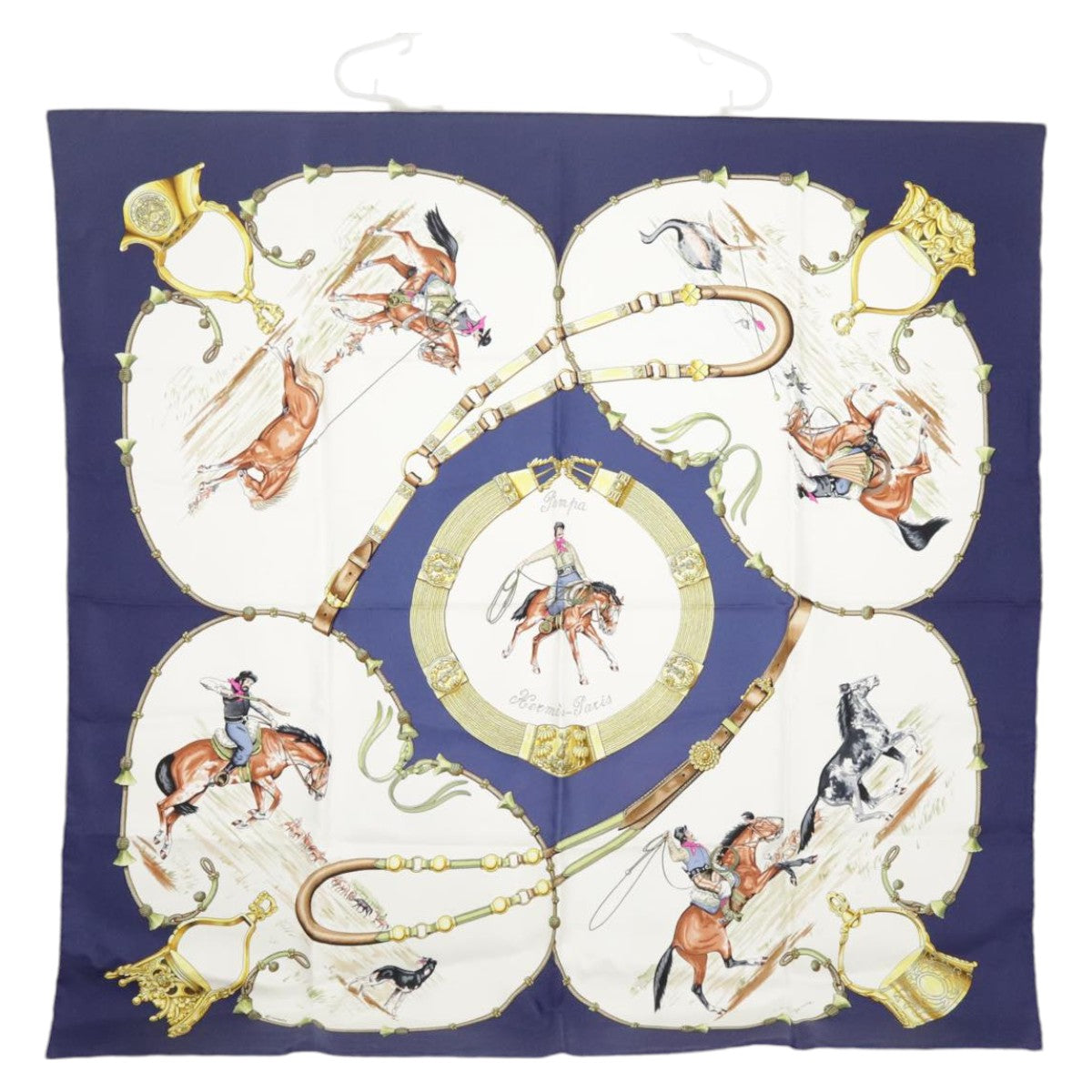 HERMES Carre 90 Scarf ""Pampa"" Silk Blue White Auth ac3351