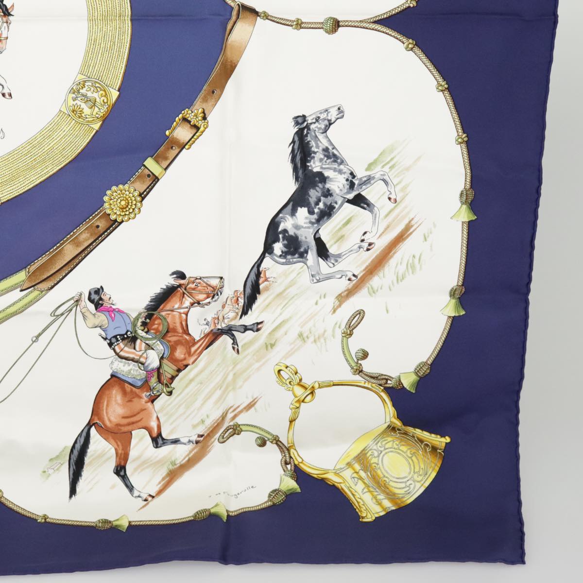 HERMES Carre 90 Scarf ""Pampa"" Silk Blue White Auth ac3351