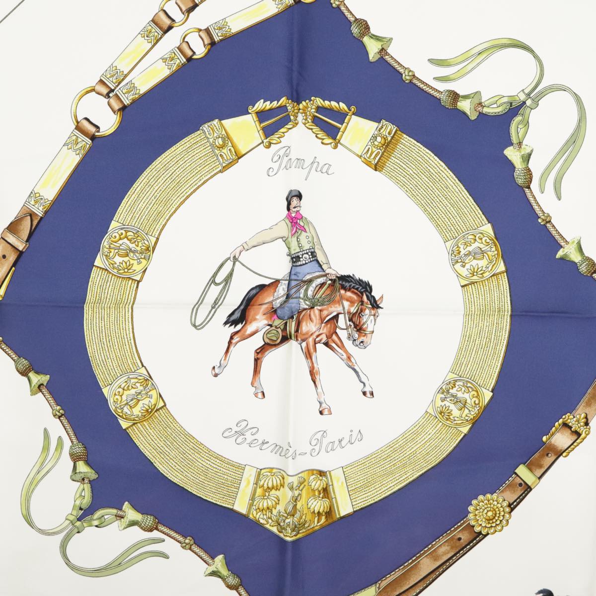 HERMES Carre 90 Scarf ""Pampa"" Silk Blue White Auth ac3351