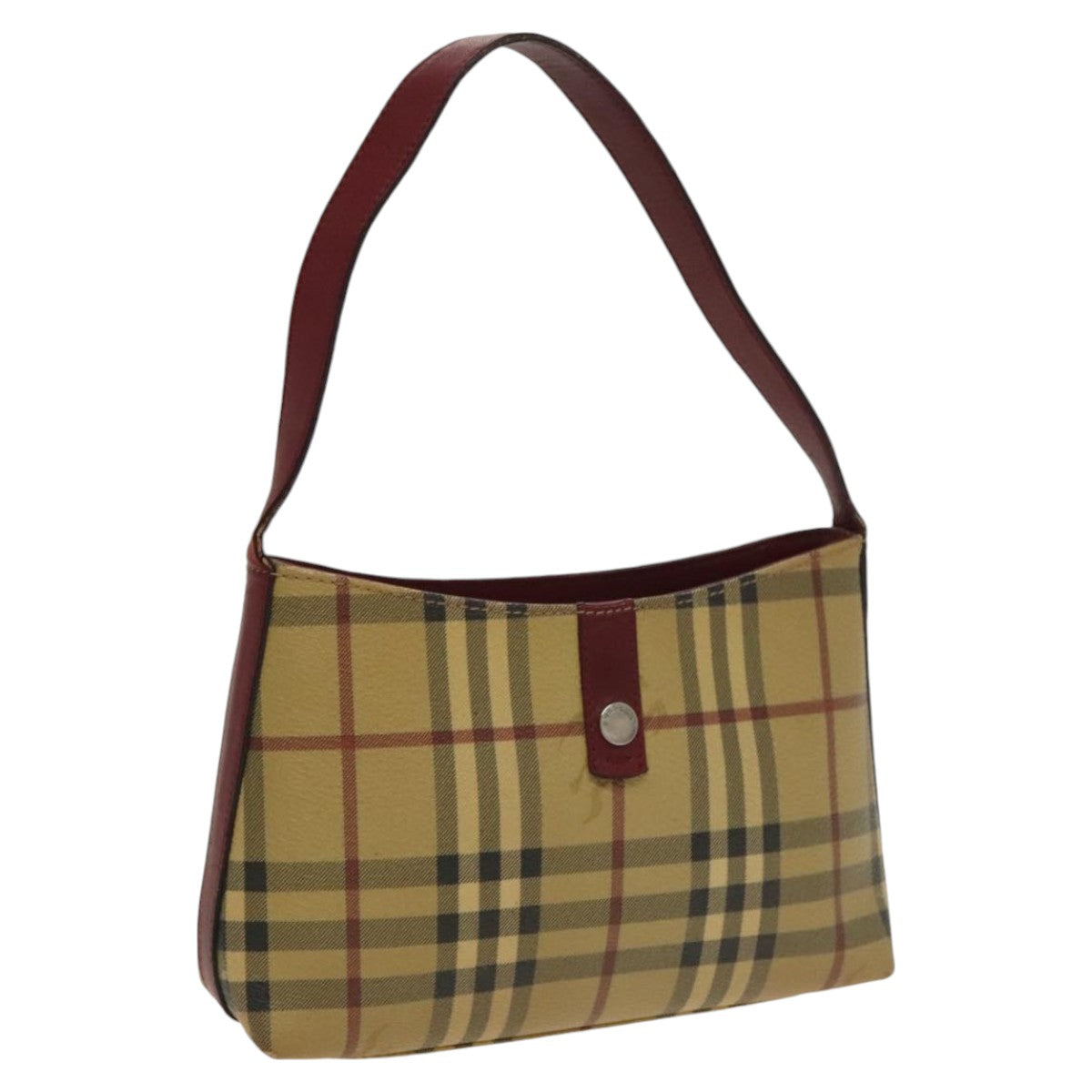 BURBERRY Nova Check Hand Bag PVC Leather Beige Wine Red Silver Auth ac3407