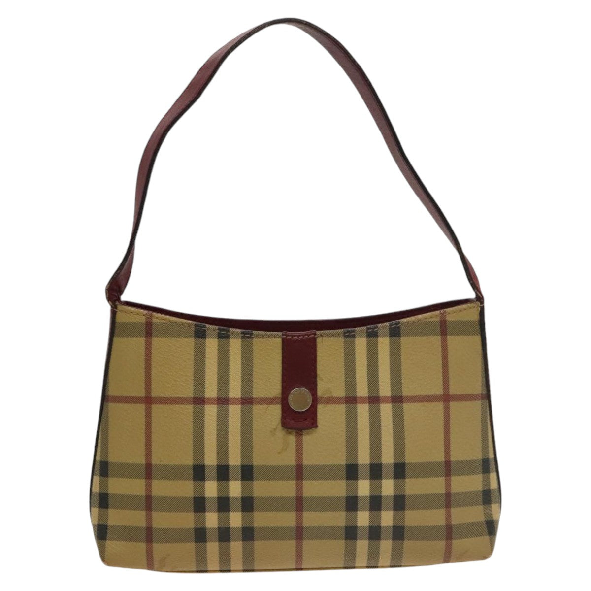 BURBERRY Nova Check Hand Bag PVC Leather Beige Wine Red Silver Auth ac3407