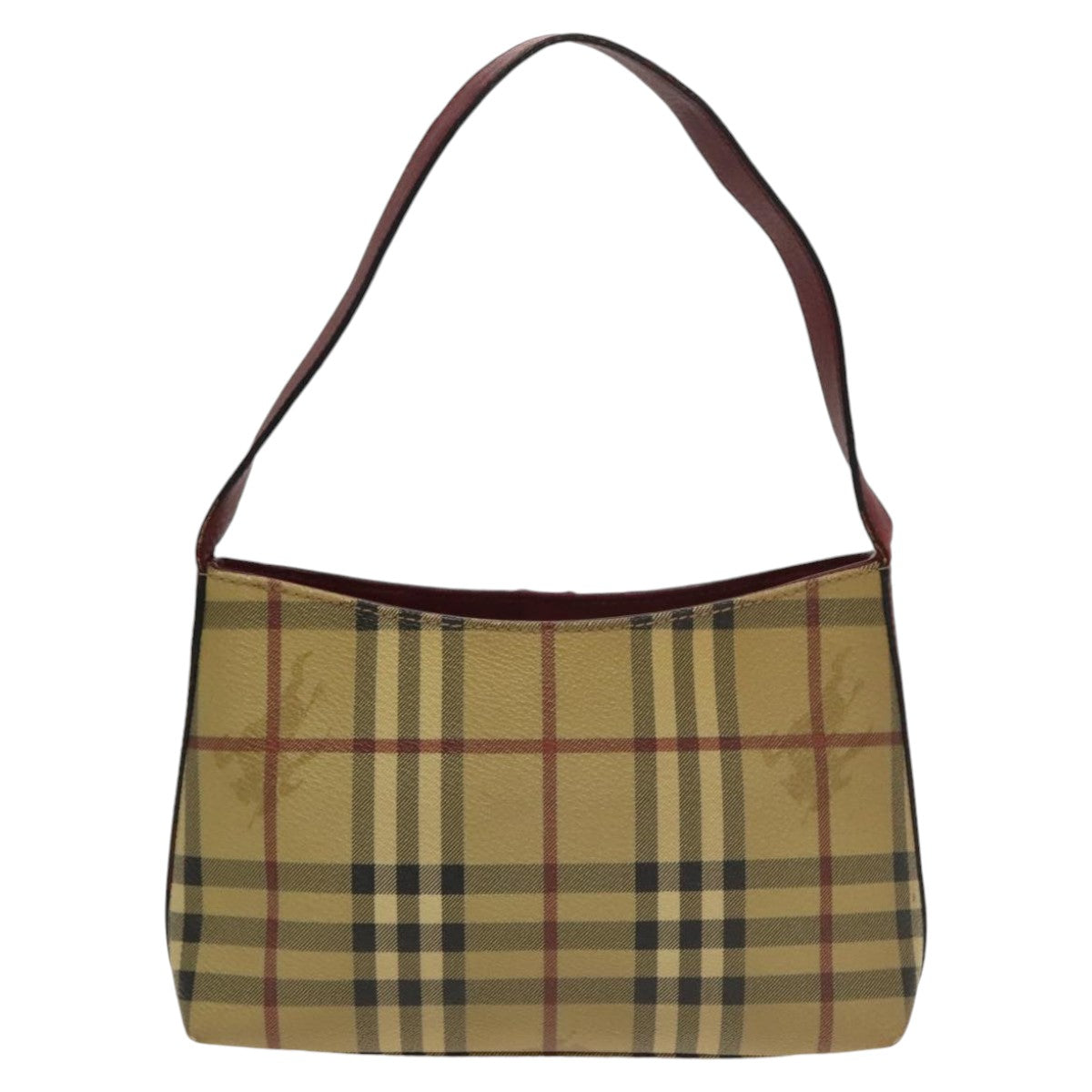 BURBERRY Nova Check Hand Bag PVC Leather Beige Wine Red Silver Auth ac3407
