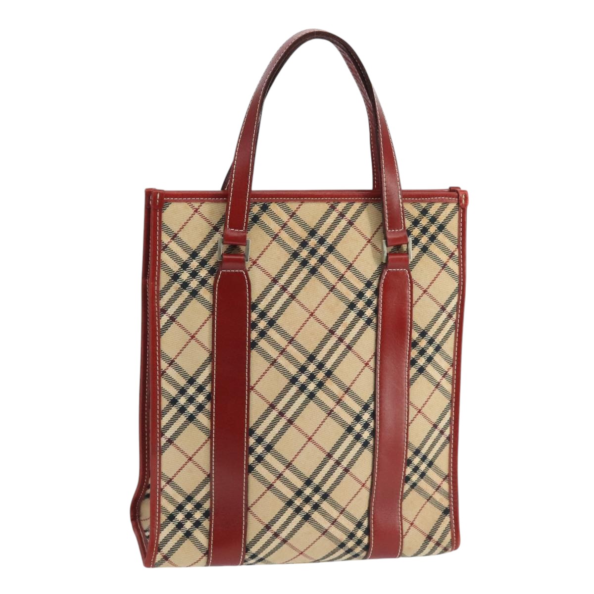 BURBERRY Tote Bag Canvas Leather Beige Red Silver Auth ac3428