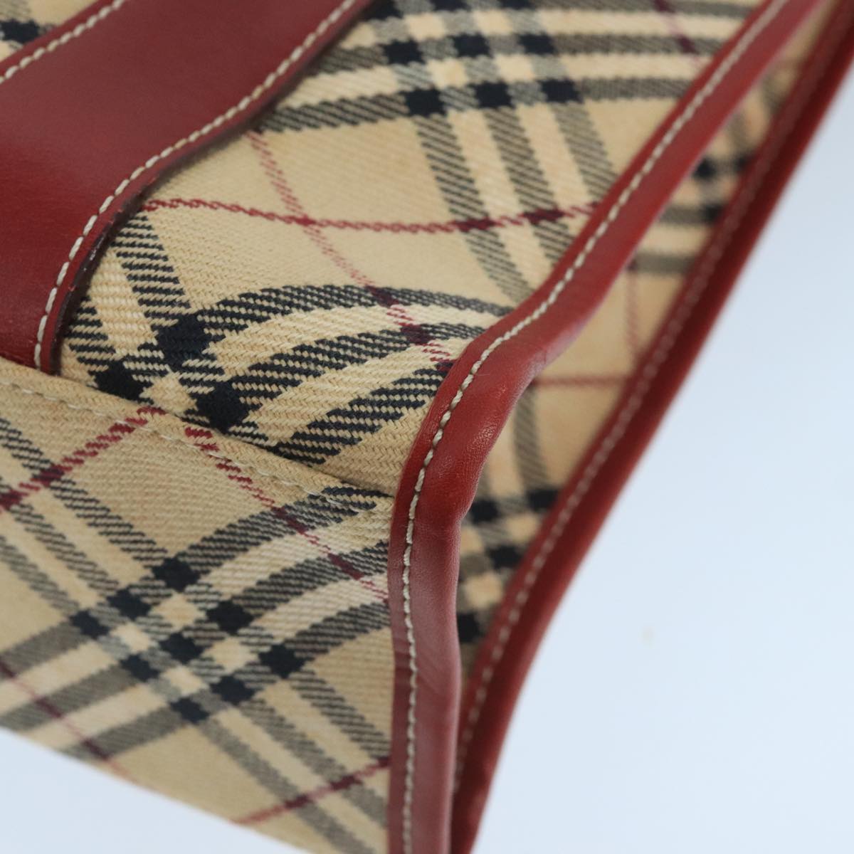 BURBERRY Tote Bag Canvas Leather Beige Red Silver Auth ac3428