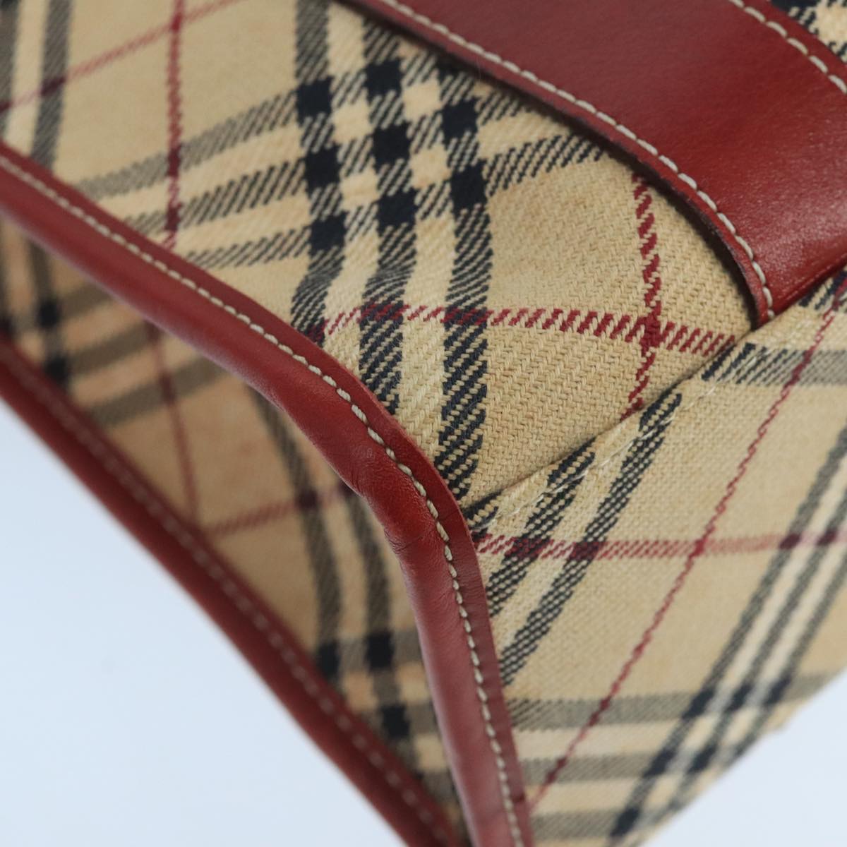 BURBERRY Tote Bag Canvas Leather Beige Red Silver Auth ac3428