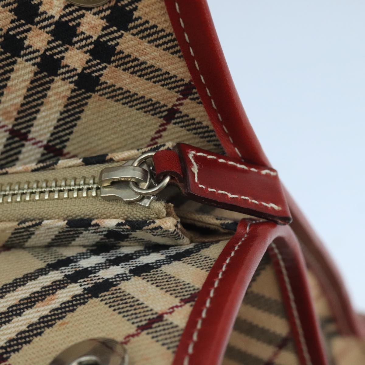BURBERRY Tote Bag Canvas Leather Beige Red Silver Auth ac3428