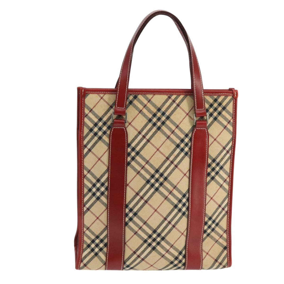 BURBERRY Tote Bag Canvas Leather Beige Red Silver Auth ac3428