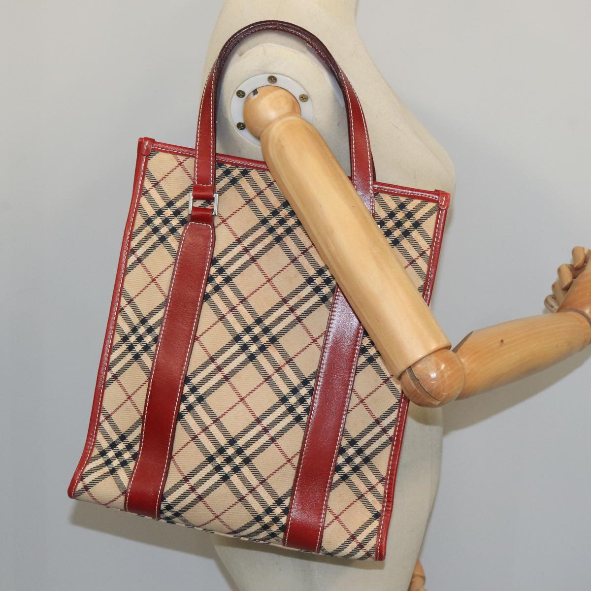 BURBERRY Tote Bag Canvas Leather Beige Red Silver Auth ac3428