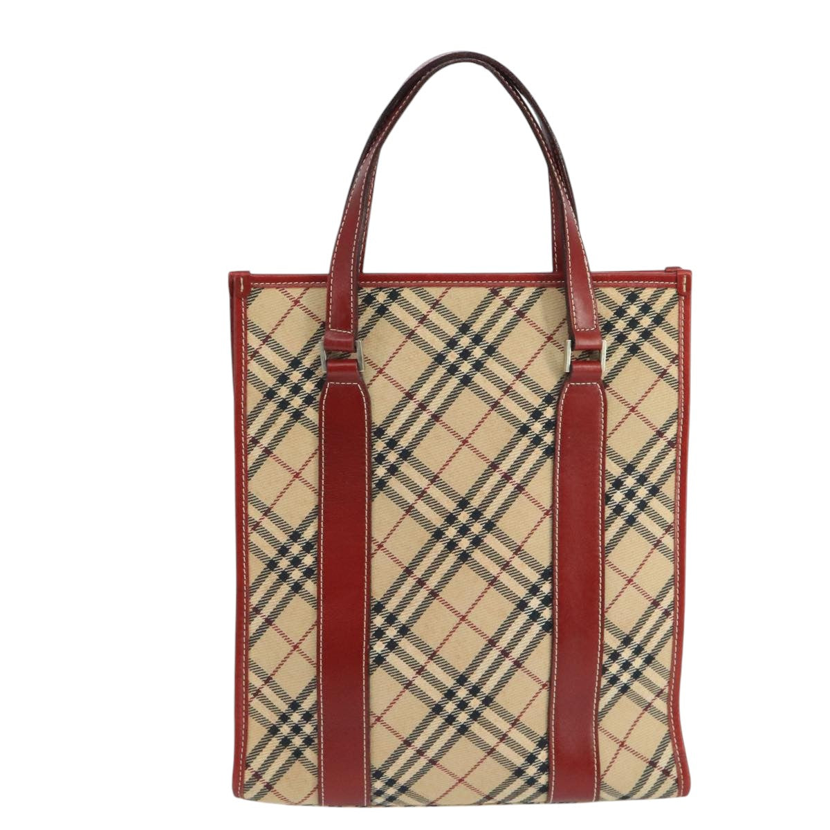 BURBERRY Tote Bag Canvas Leather Beige Red Silver Auth ac3428