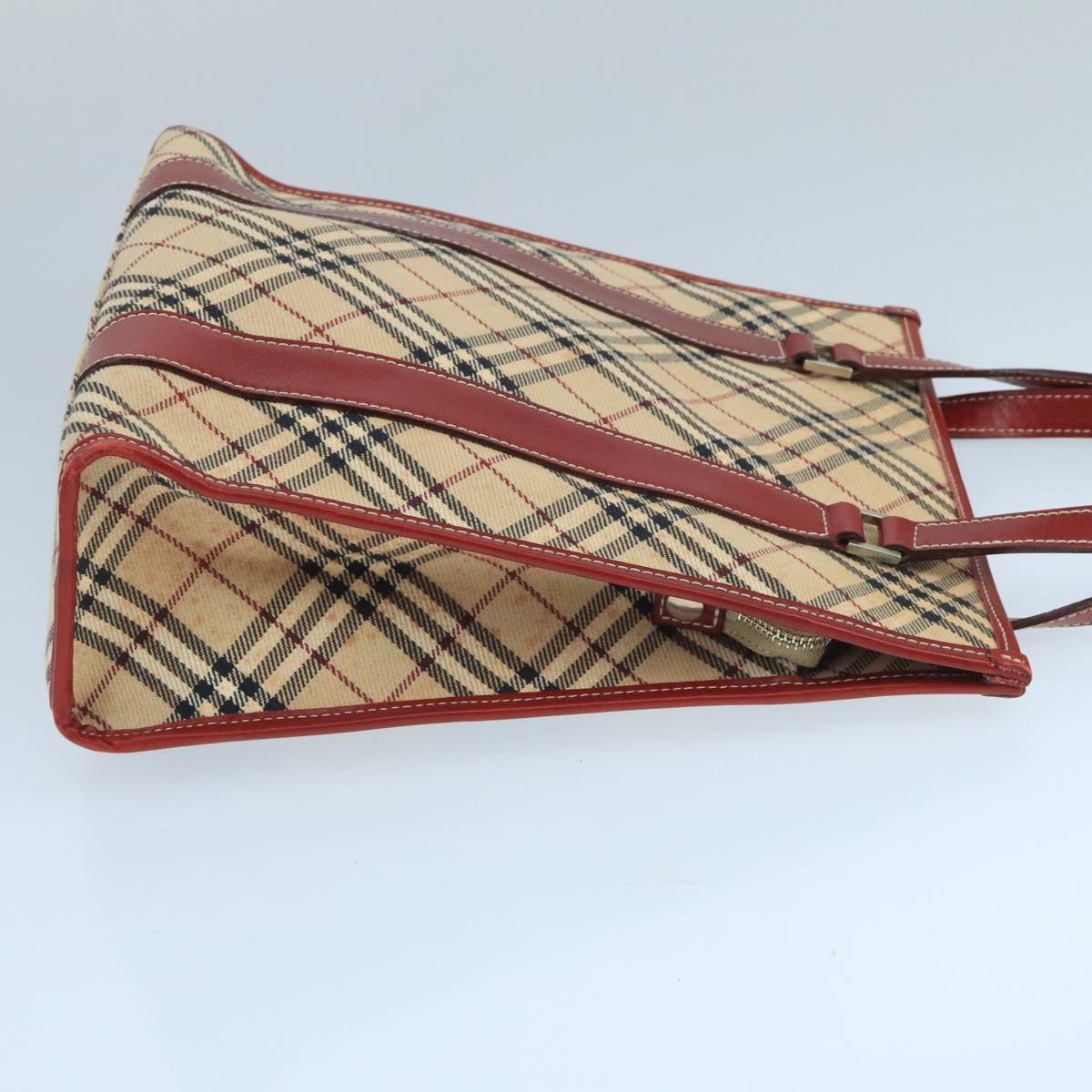 BURBERRY Tote Bag Canvas Leather Beige Red Silver Auth ac3428
