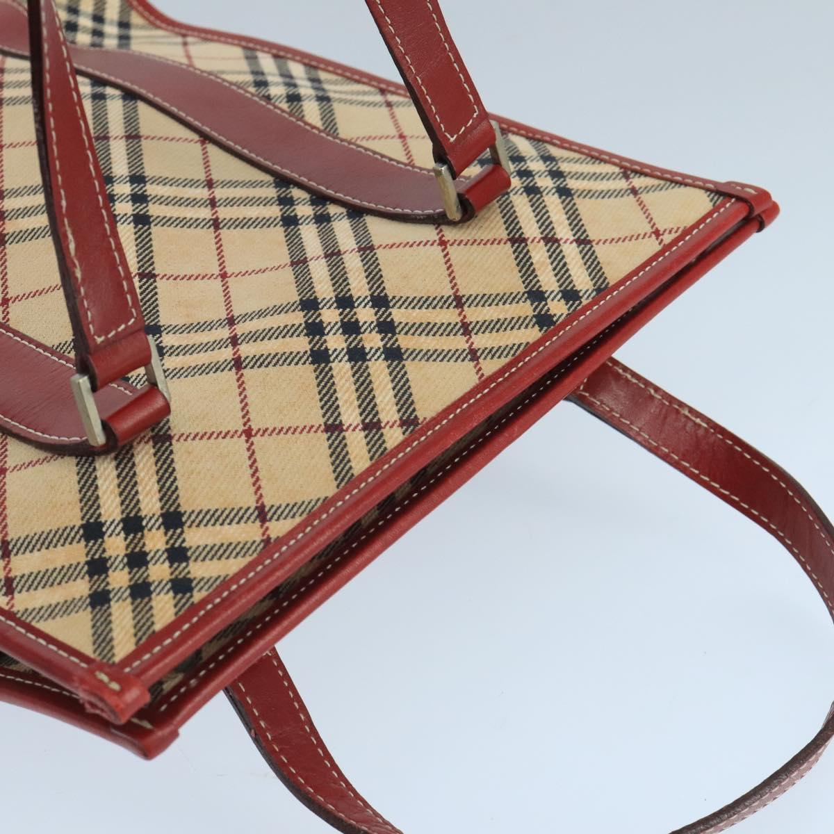 BURBERRY Tote Bag Canvas Leather Beige Red Silver Auth ac3428