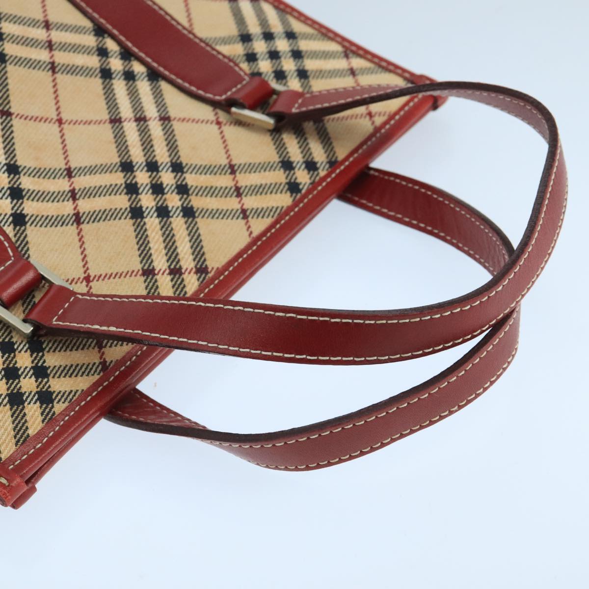 BURBERRY Tote Bag Canvas Leather Beige Red Silver Auth ac3428